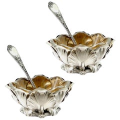 Antique Puiforcat Rare French Sterling Silver Salt Cellars Pair with Spoons, Iris
