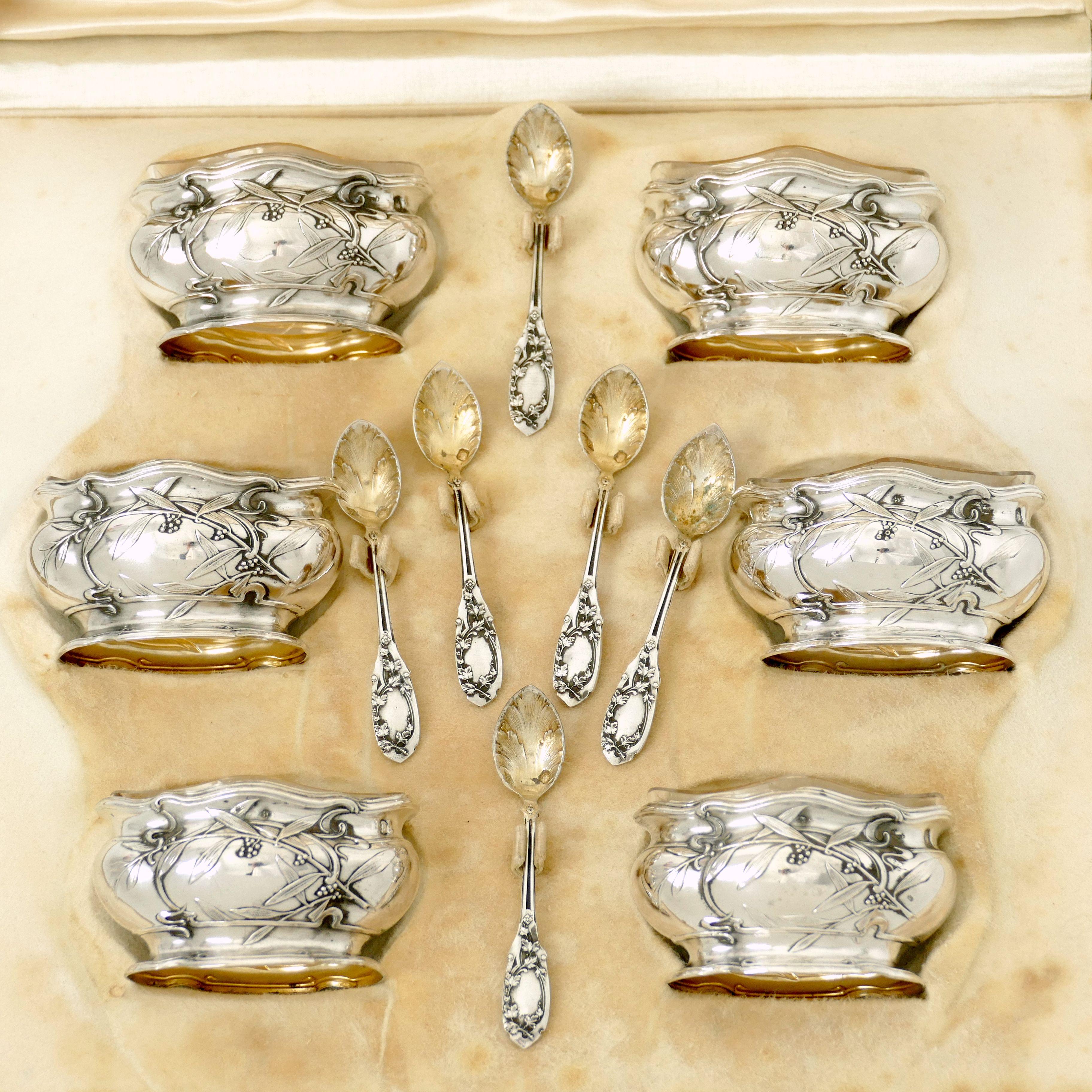 Puiforcat Rare French Sterling Silver Six Salt Cellars, Spoons, Box, Mistletoe In Good Condition In TRIAIZE, PAYS DE LOIRE