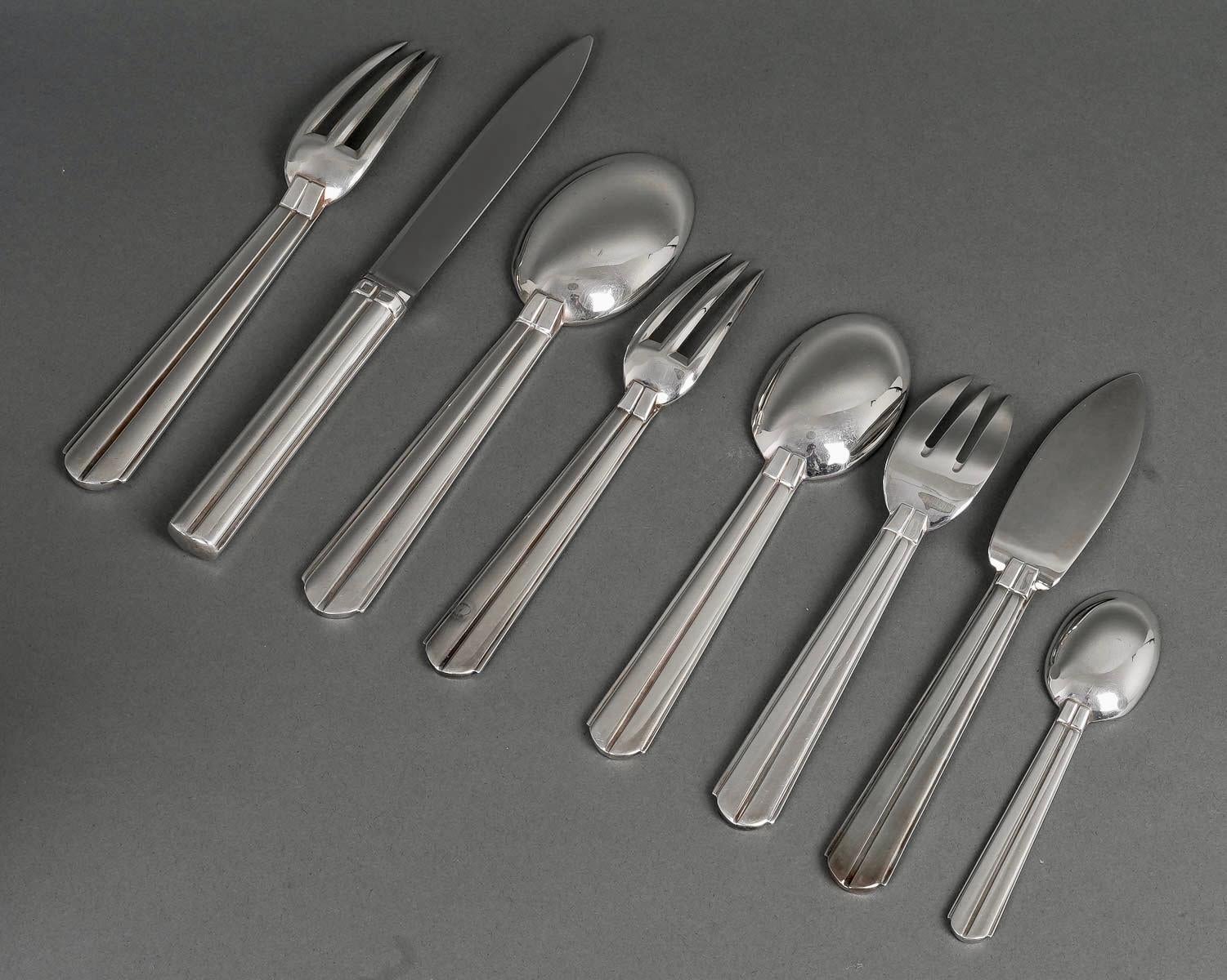 Puiforcat, Set of Art Deco Chantaco Flatware Plated Silver 105 Pieces 4