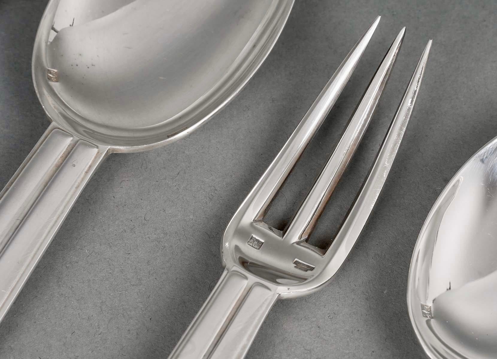 Puiforcat, Set of Art Deco Chantaco Flatware Plated Silver 105 Pieces In Good Condition In Boulogne Billancourt, FR