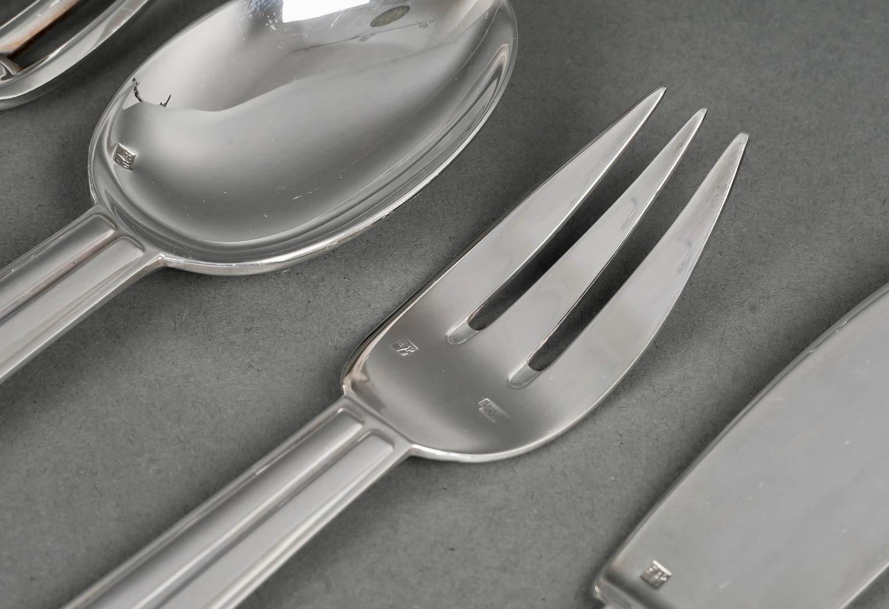 Silver Plate Puiforcat, Set of Art Deco Chantaco Flatware Plated Silver 105 Pieces