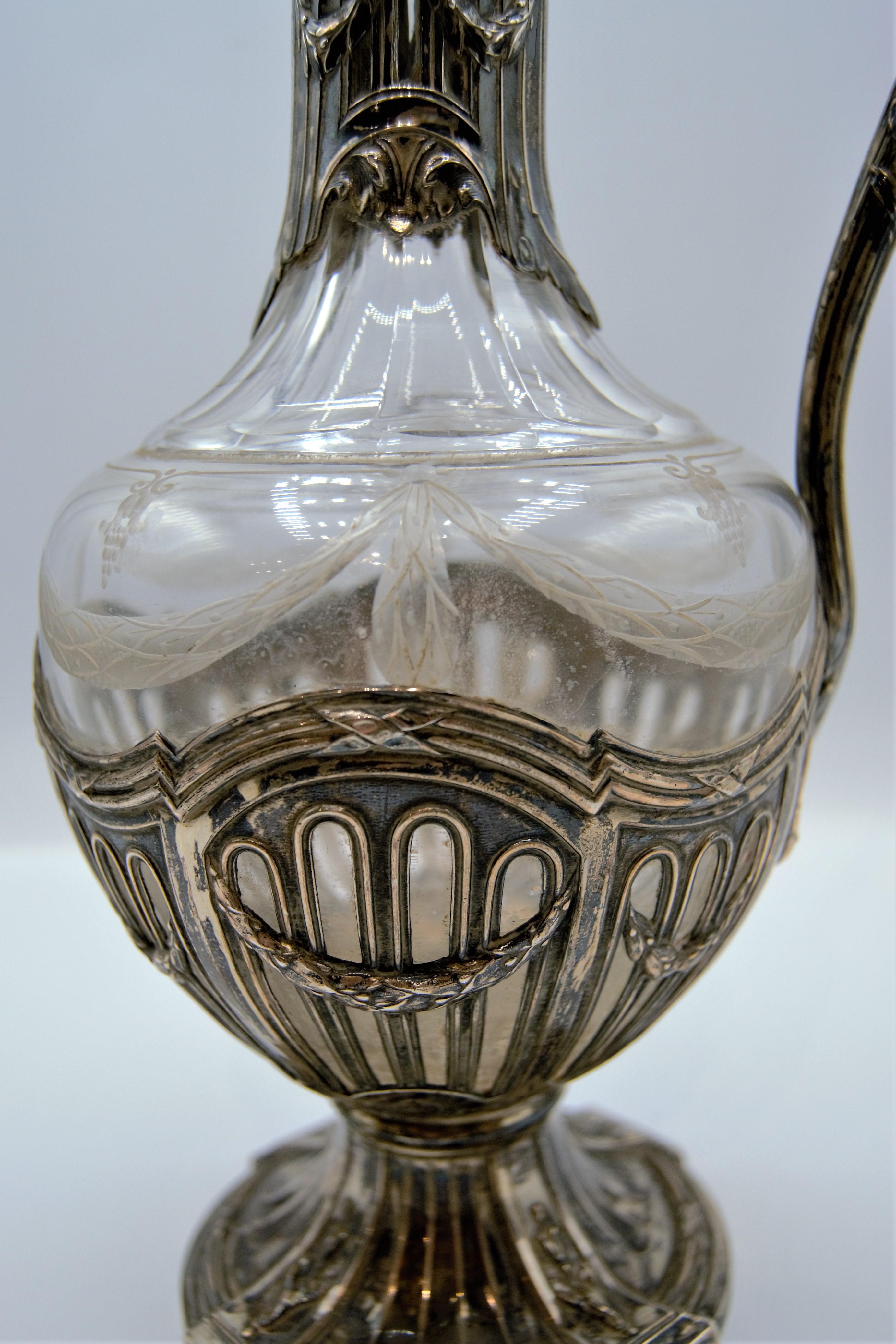 European Puiforcat, Silver and Glass Ewer / Wine Carafe
