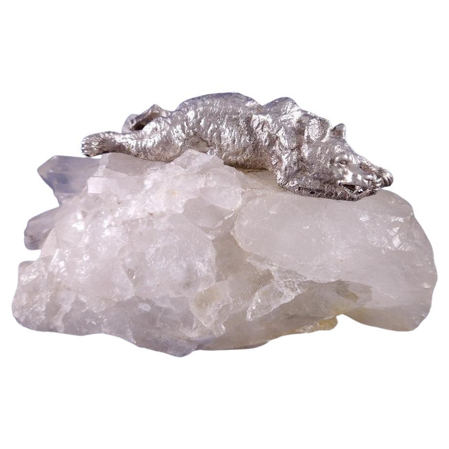 Puiforcat - Escultura Oso Polar de Plata de Ley sobre Cristal de Roca