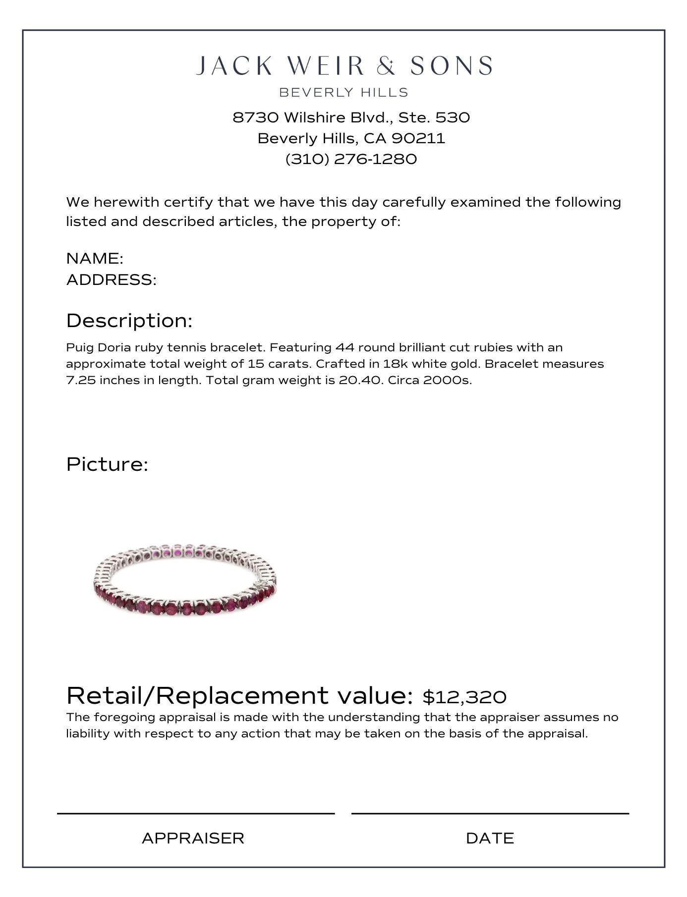 Puig Doria Pulsera de tenis de oro blanco de 18 quilates con rubí de 15 quilates de peso total en Excelente estado para la venta en Beverly Hills, CA