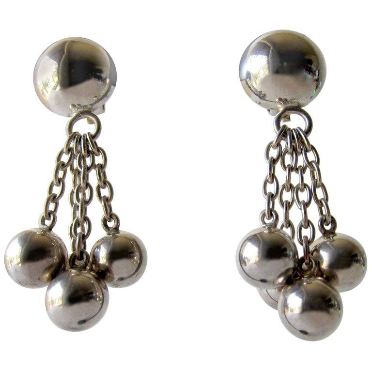 Women's Puig Doria Sterling Silver Ball Chain Dangling Spanish Modernist Earrings