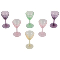 Pukeberg, Sweden. A set of six liqueur glasses. Colored art glass.