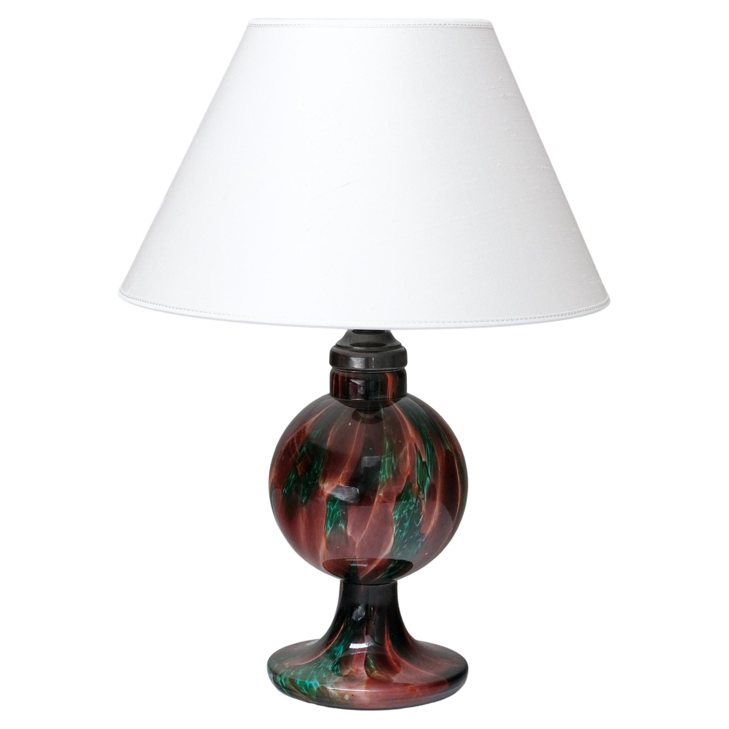 Pukebergs Glasbruk Table Lamp in Emerald and Red Marbled Glass, Sweden, 1920s For Sale
