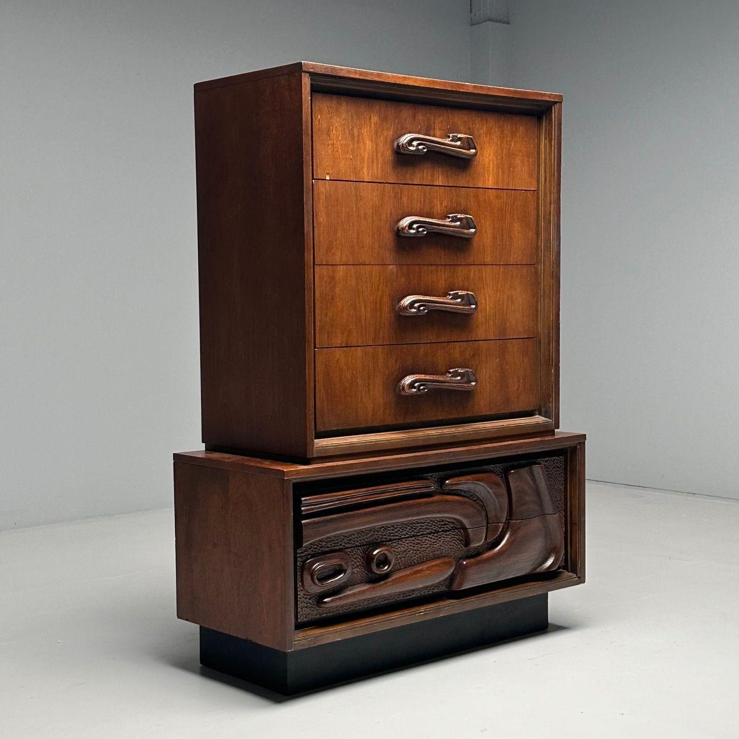 American Pulaski, Brutalist Mid-Century Modern, Oceanic Highboy, Sculpted Walnut, 1960s