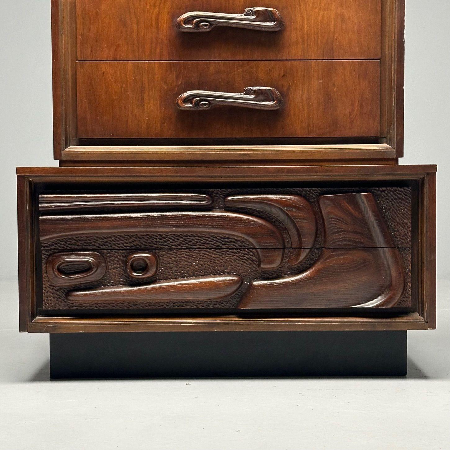 Mid-20th Century Pulaski, Brutalist Mid-Century Modern, Oceanic Highboy, Sculpted Walnut, 1960s