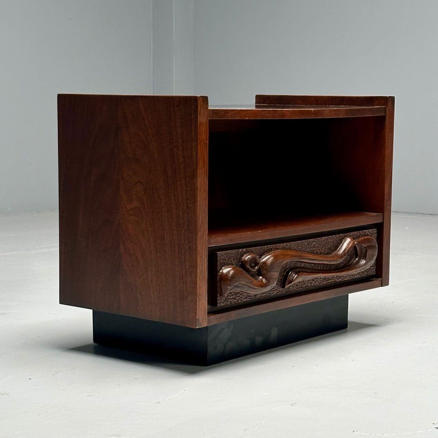 Pulaski, Brutalist Mid-Century Modern, Oceanic Nightstand, Sculpted Walnut, 1960s

Single nightstand designed and produced by Pulaski Furniture Corporation in the United States circa 1960s. The Oceanic Collection is often misattributed to Witco and