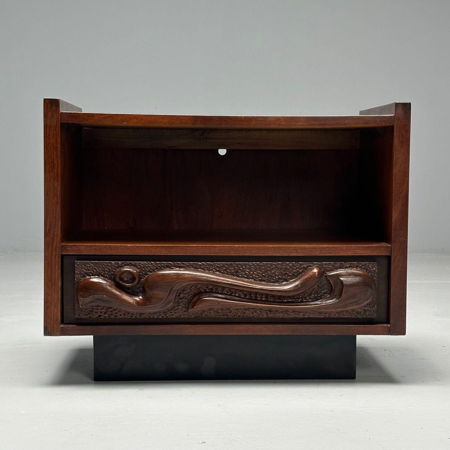American Pulaski, Brutalist Mid-Century Modern, Oceanic Nightstand, Sculpted Walnut For Sale