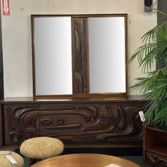 Pulaski, Brutalist Mid-Century Modern, 'Oceanic' Wall Mirror, Walnut, 1960s