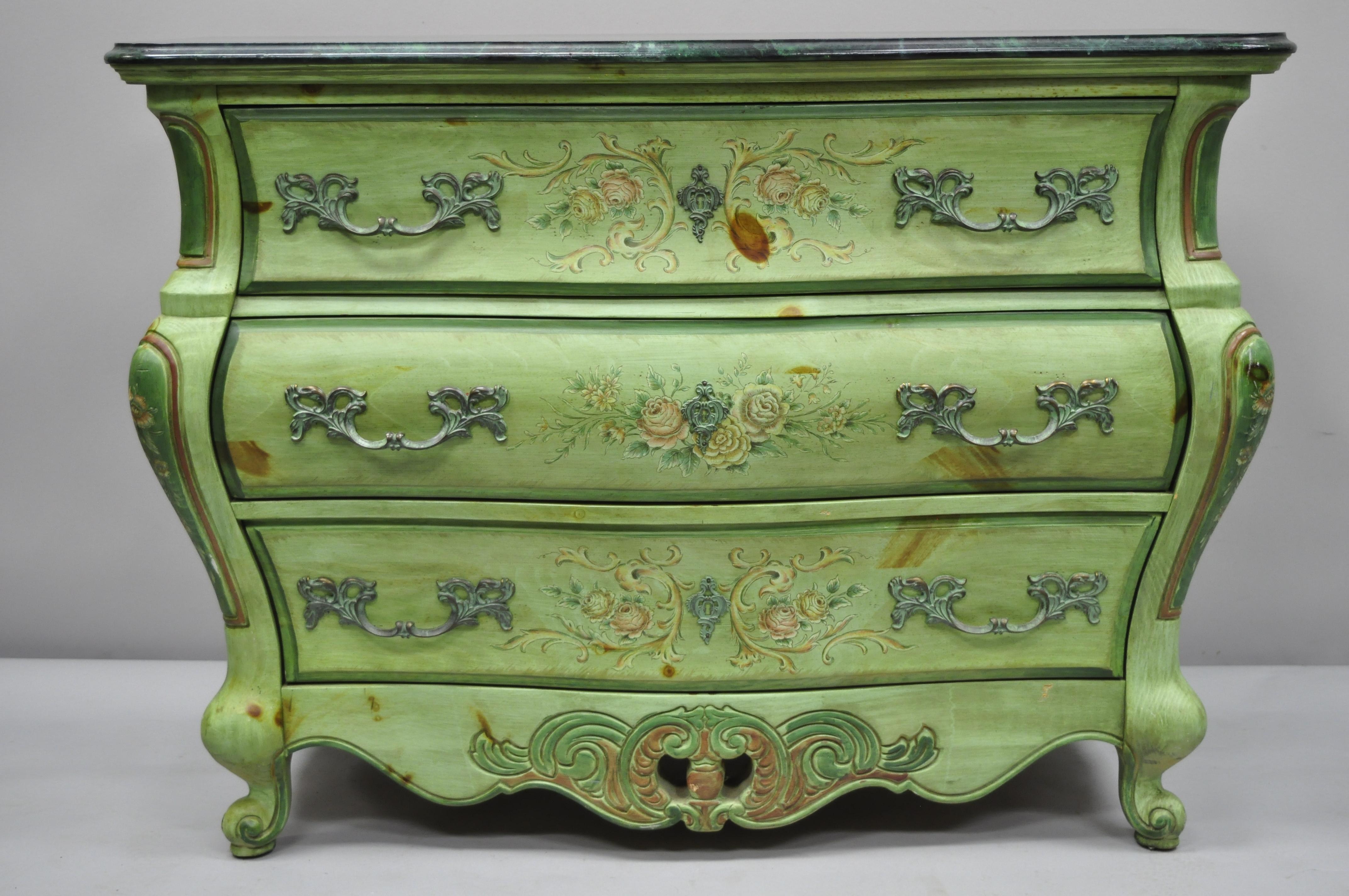 Pulaski French Louis XV Style Green Floral Painted Bombe Commode Chest Dresser 1