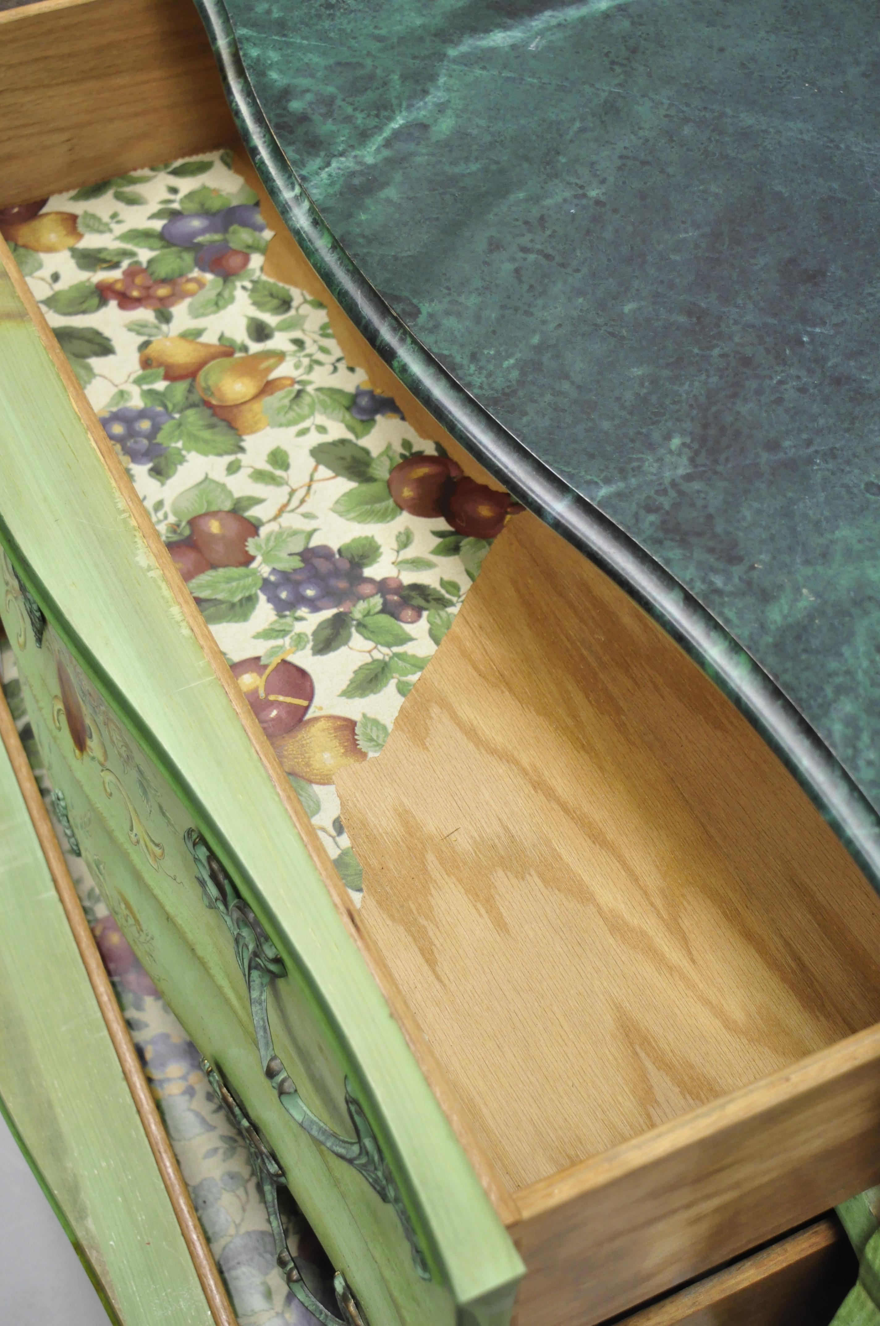 Pulaski French Louis XV Style Green Floral Painted Bombe Commode Chest Dresser In Good Condition In Philadelphia, PA