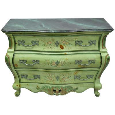 Pulaski French Louis XV Style Green Floral Painted Bombe Commode Chest