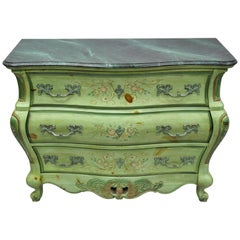 Retro Pulaski French Louis XV Style Green Floral Painted Bombe Commode Chest Dresser