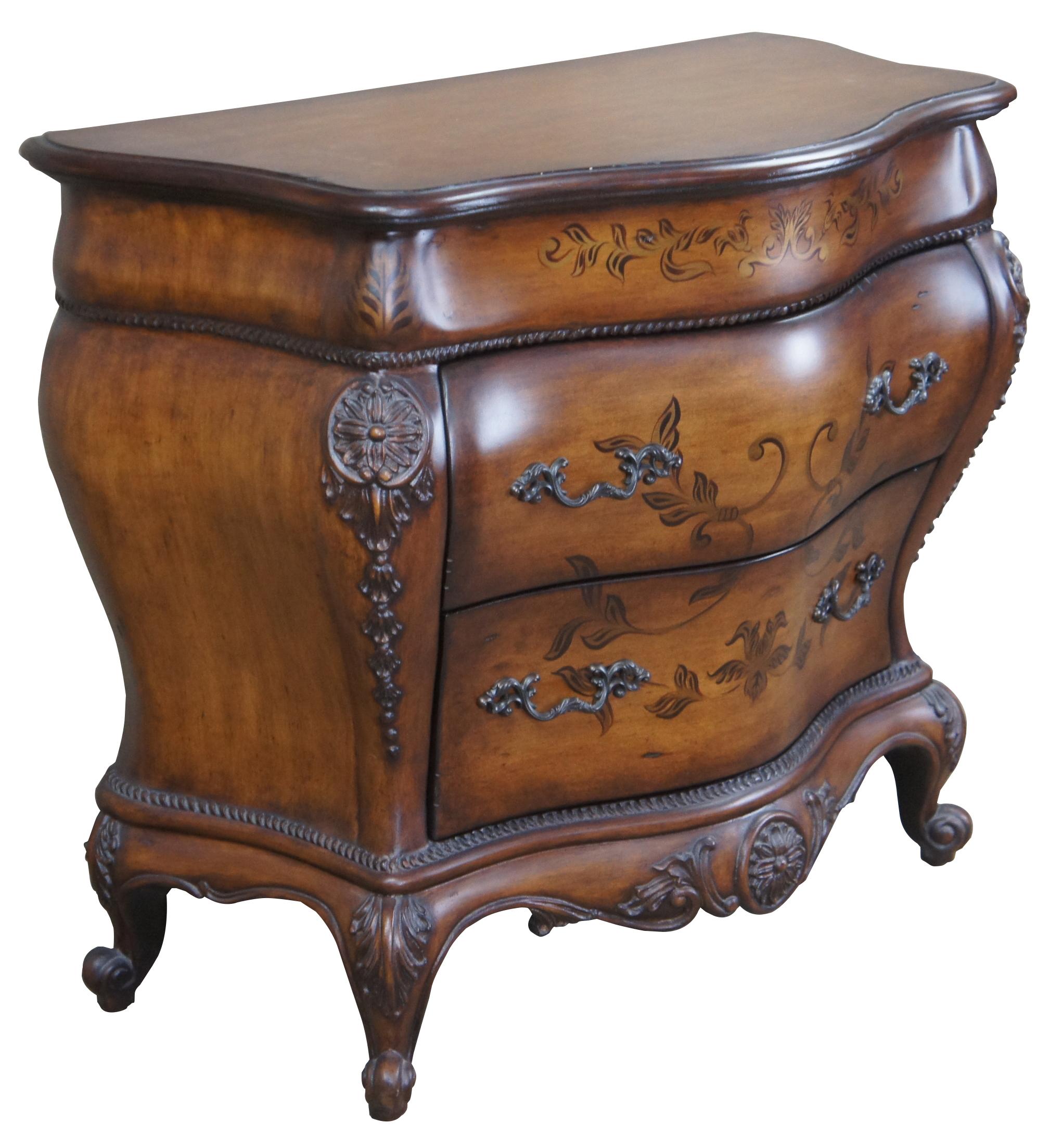 Pulaski Furniture late 20th century serpentine bombe chest. Italian revival with a walnut and Florentine painted finish. Features carved folitate and acanthus accents over cabriole legs and scrolled feet. Marked with tag along back side.
 