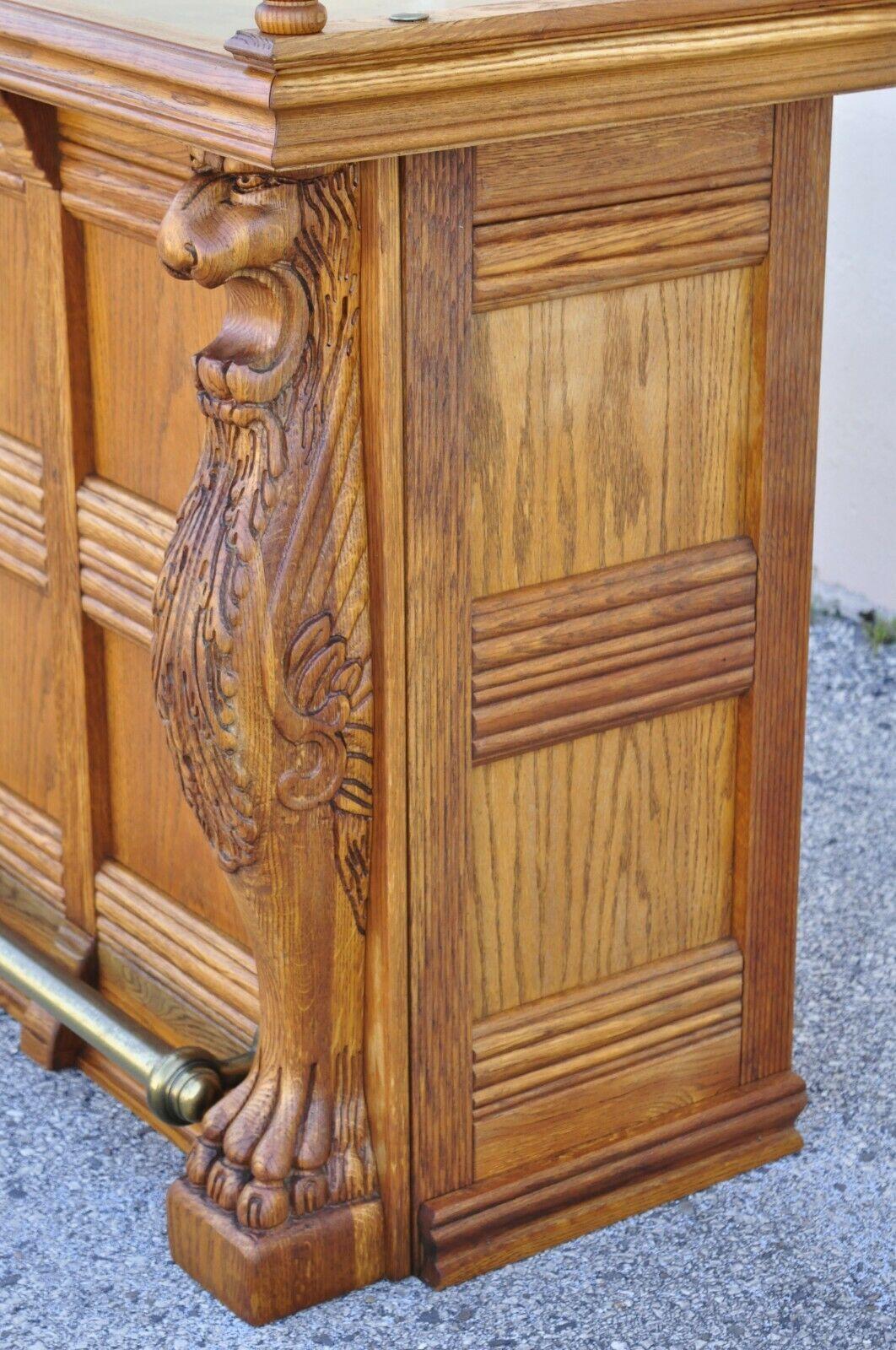 Pulaski Keepsake Collection Oak Wood Bar with Griffins and 2 Stools - 3 Pc Set For Sale 2