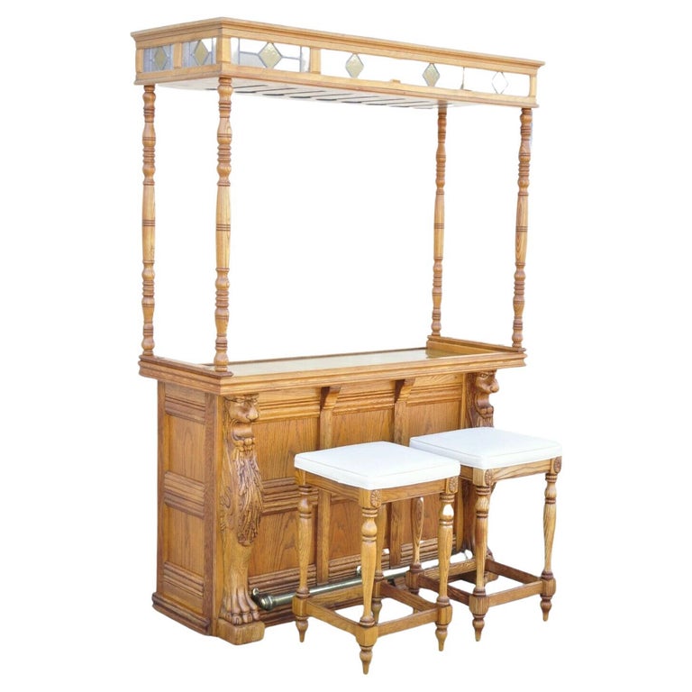 Pulaski Keepsake Collection Oak Wood Bar with Griffins and 2 Stools - 3