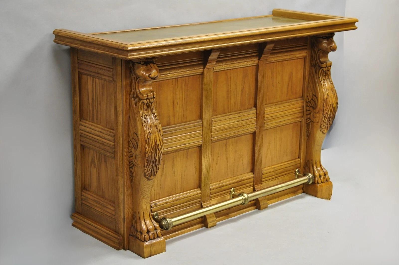 Victorian Pulaski Keepsake Collection Oak Wood Bar with Griffins and 2 Swivel Bar Stools For Sale