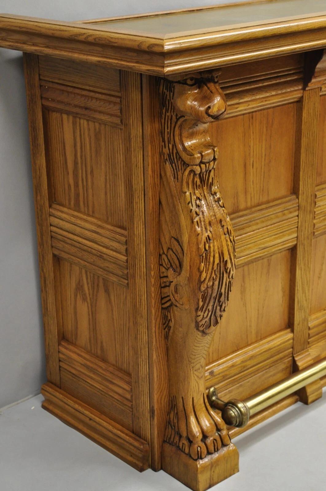 Unknown Pulaski Keepsake Collection Oak Wood Bar with Griffins and 2 Swivel Bar Stools For Sale