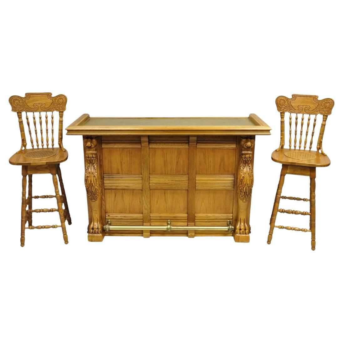 Pulaski Keepsake Collection Oak Wood Bar with Griffins and 2 Swivel Bar Stools