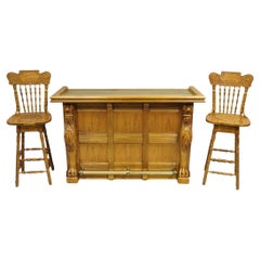 Pulaski Keepsake Collection Oak Wood Bar with Griffins and 2 Swivel Bar Stools