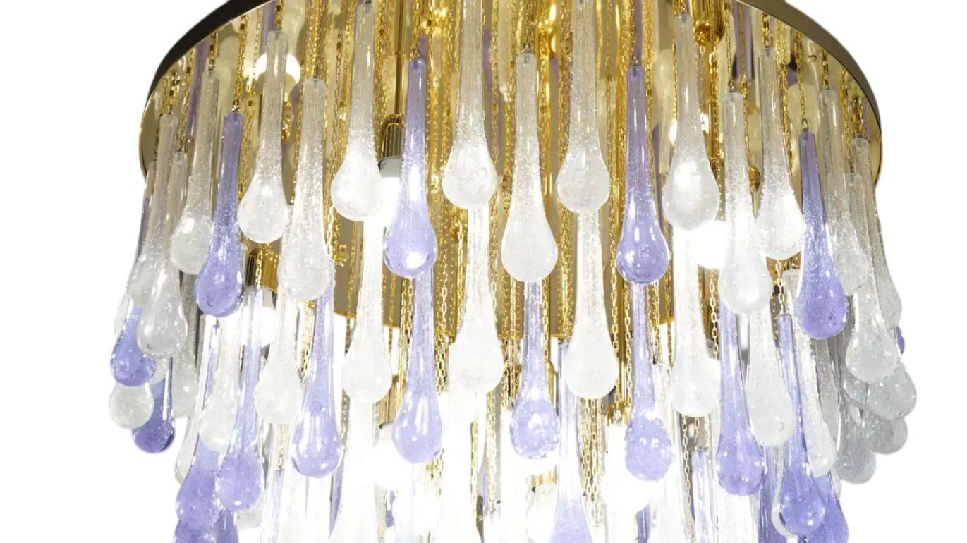 Italian Pulegoso & Alexandrite Glass Drop Flush Mount Chandelier by Franco Luce, 1980. For Sale