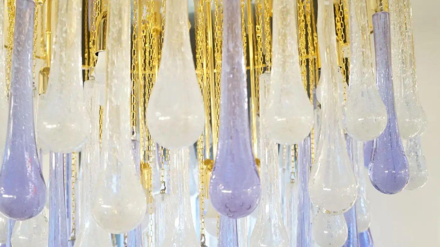 Pulegoso & Alexandrite Glass Drop Flush Mount Chandelier by Franco Luce, 1980. In Excellent Condition For Sale In Los Angeles, CA