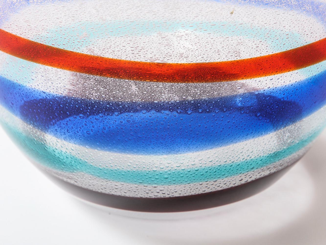 Clear & colored blown glass. Great scale with internal bubbles and vibrant color stripes. Signed on underside by maker.