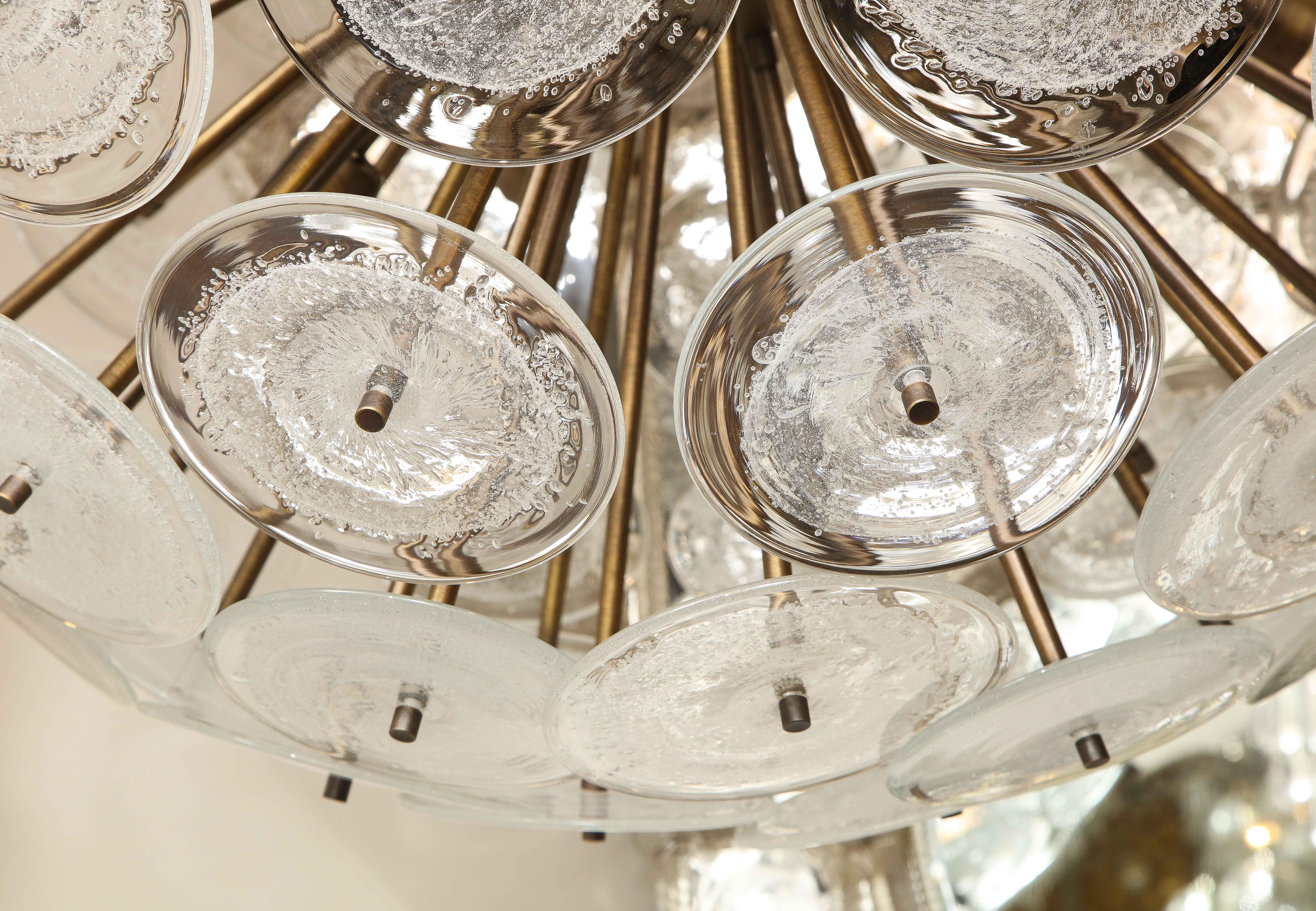 Custom Clear Bubble Murano Glass Disc Sputnik Chandelier in Burnished Brass For Sale 4
