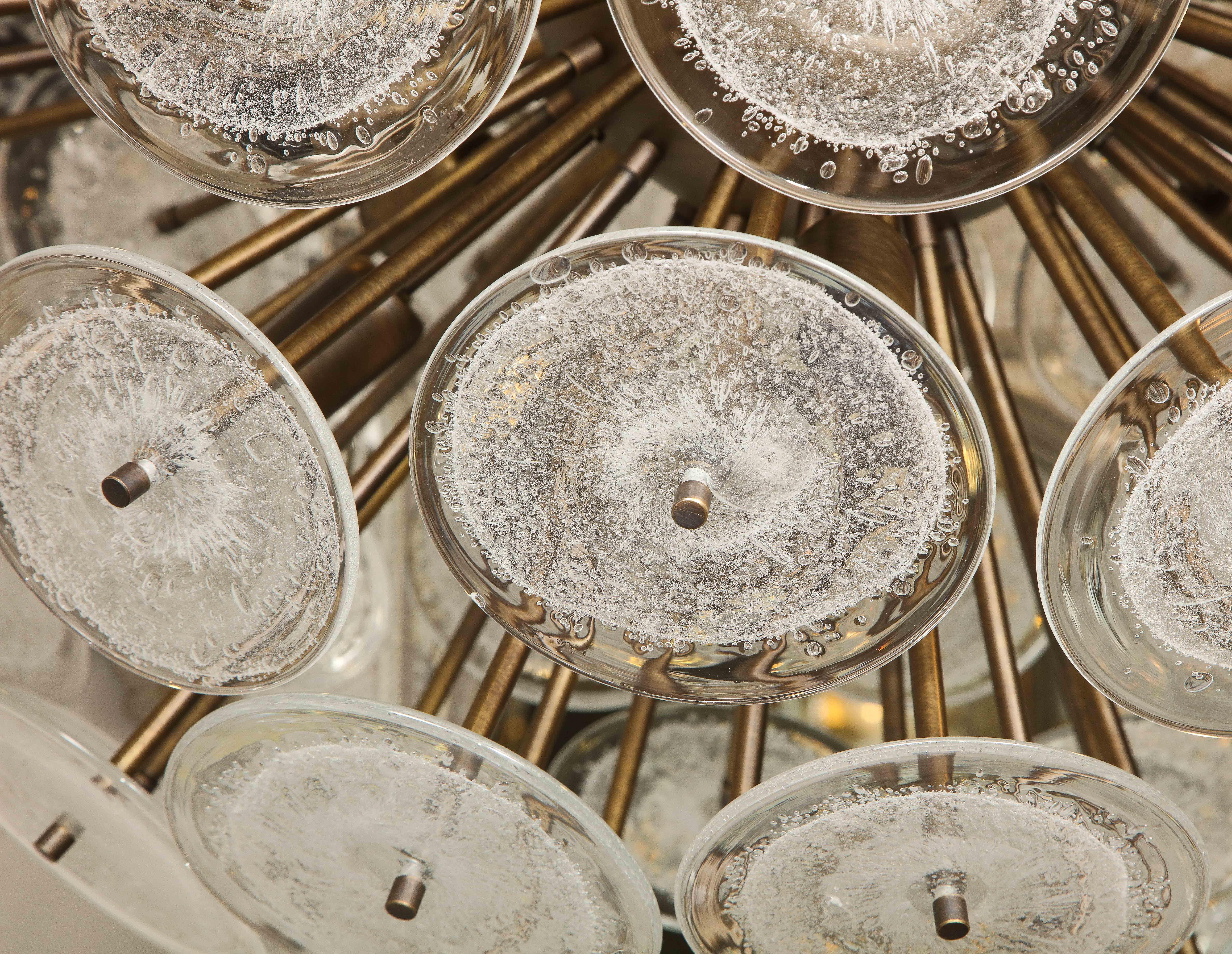 Custom Clear Bubble Murano Glass Disc Sputnik Chandelier in Burnished Brass For Sale 5