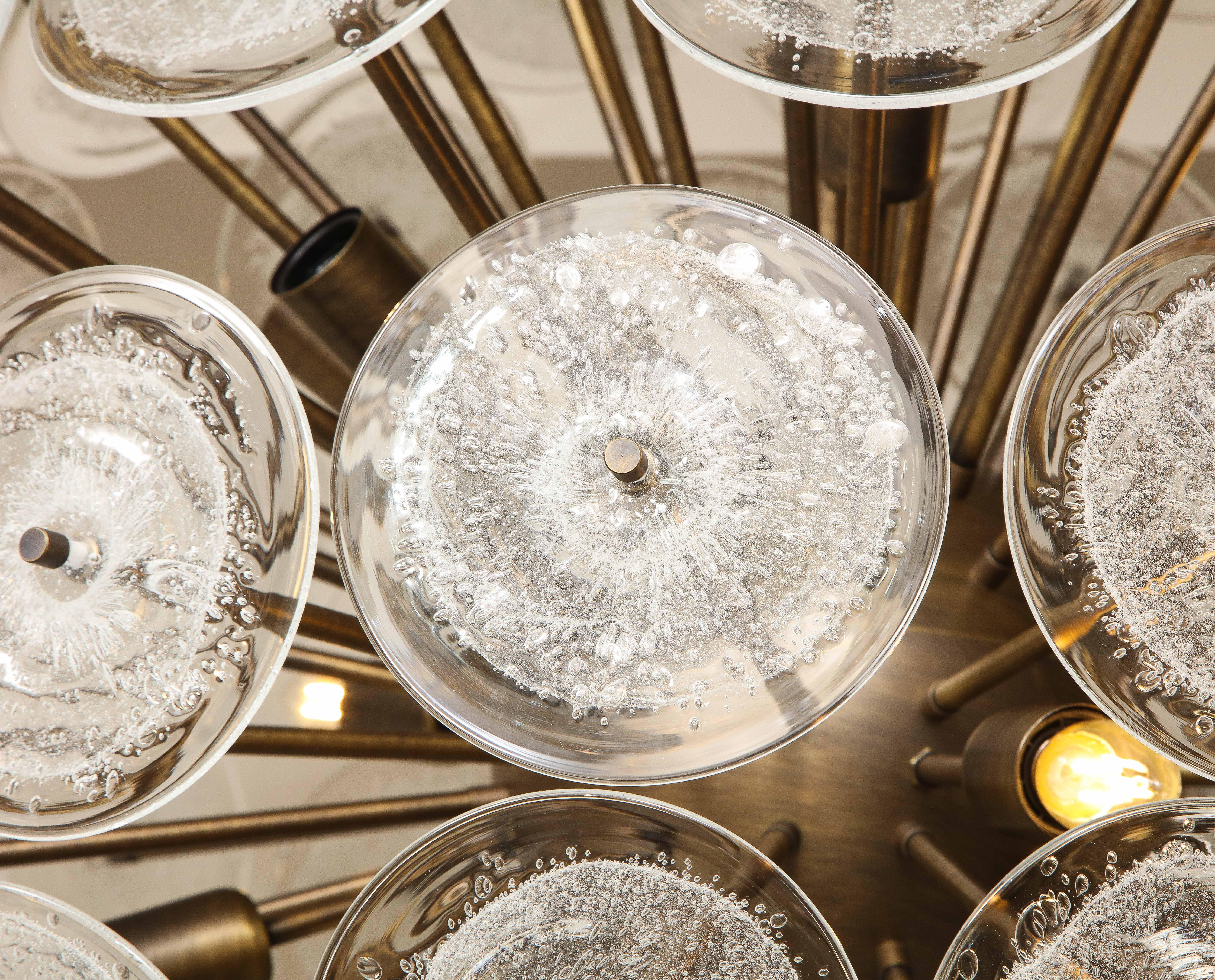 Custom Clear Bubble Murano Glass Disc Sputnik Chandelier in Burnished Brass For Sale 6