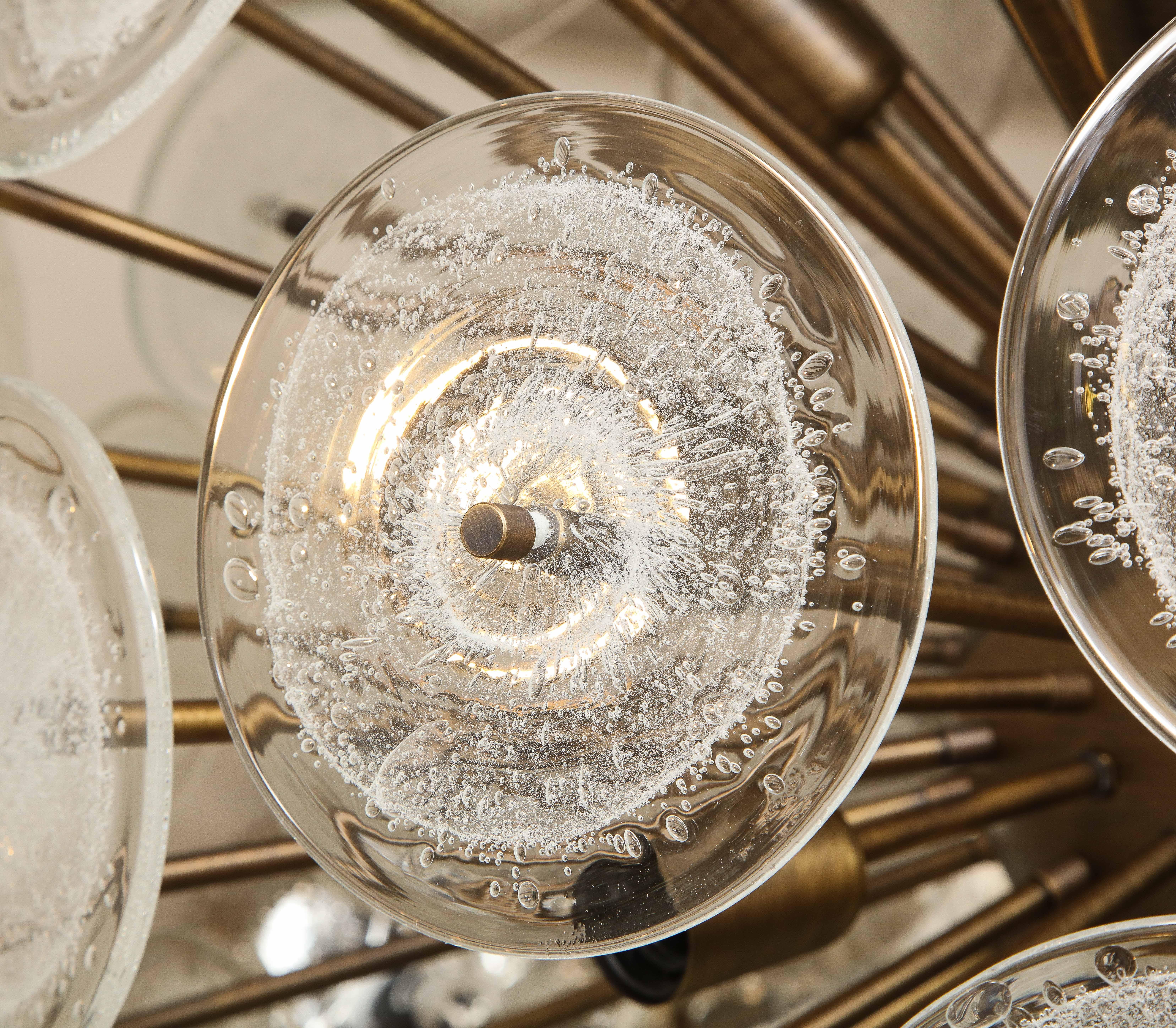 Custom Clear Bubble Murano Glass Disc Sputnik Chandelier in Burnished Brass For Sale 7
