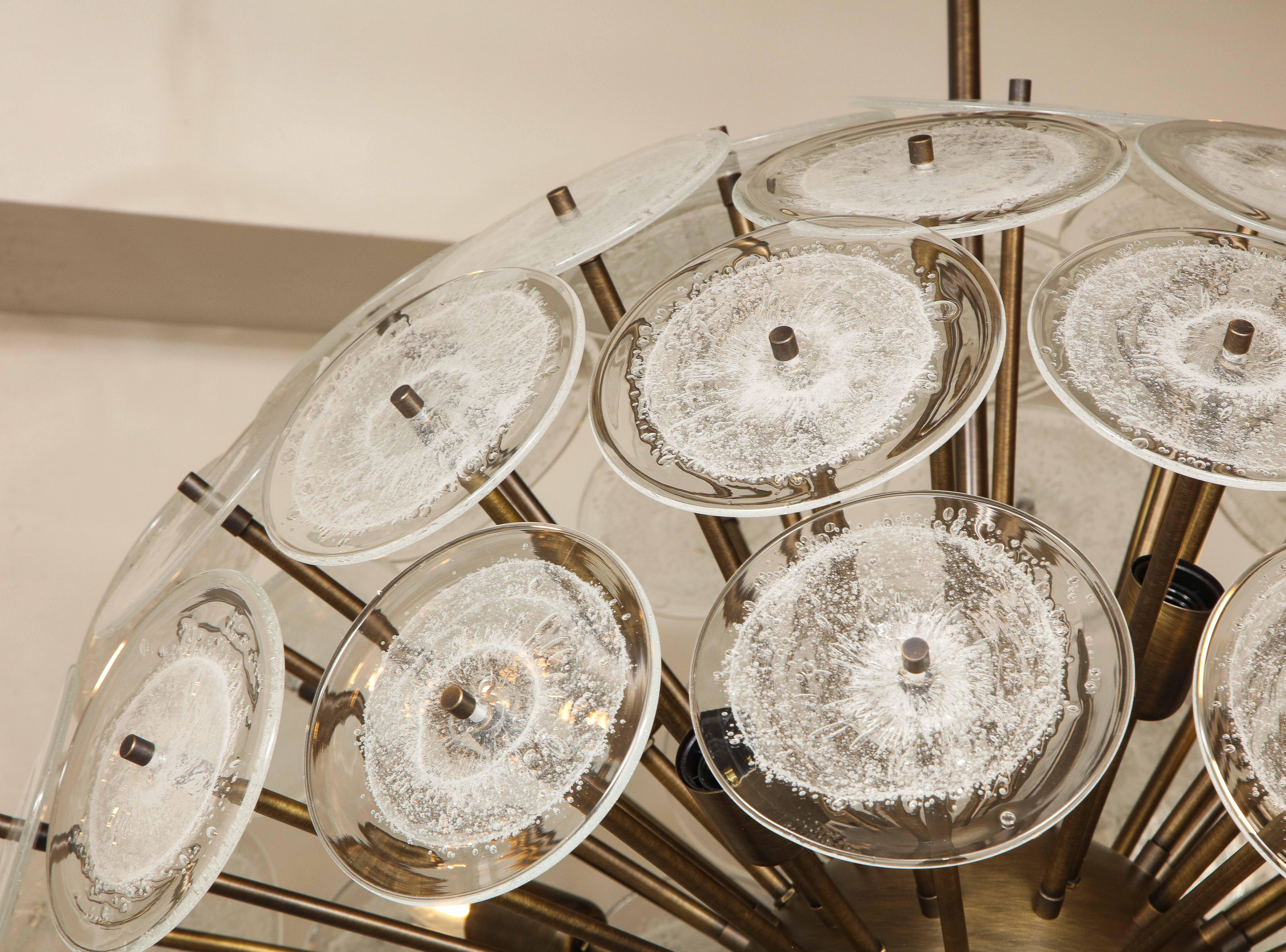 Custom Clear Bubble Murano Glass Disc Sputnik Chandelier in Burnished Brass For Sale 3