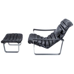 Pulkka Leather Lounge Chair with Ottoman by Ilmari Lappalainen for Asko, FI