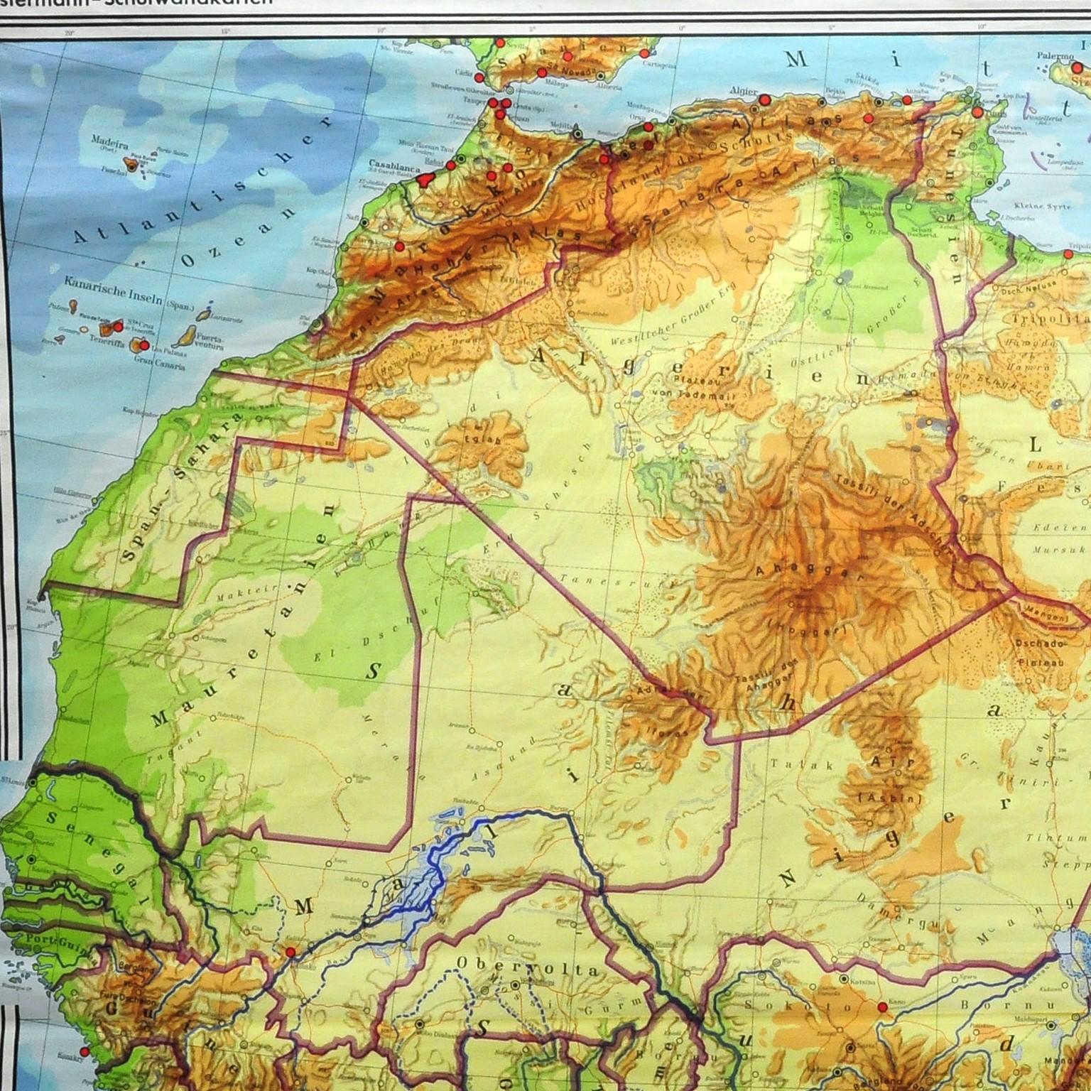 The wall map shows North Africa. It was published by Westermann-Schulwandkarten. Used as teaching material in German schools. Colorful print on paper reinforced with canvas,
Measurements:
Width 254 cm (100.00 inch)
Height 156 cm (61.42 inch)

The