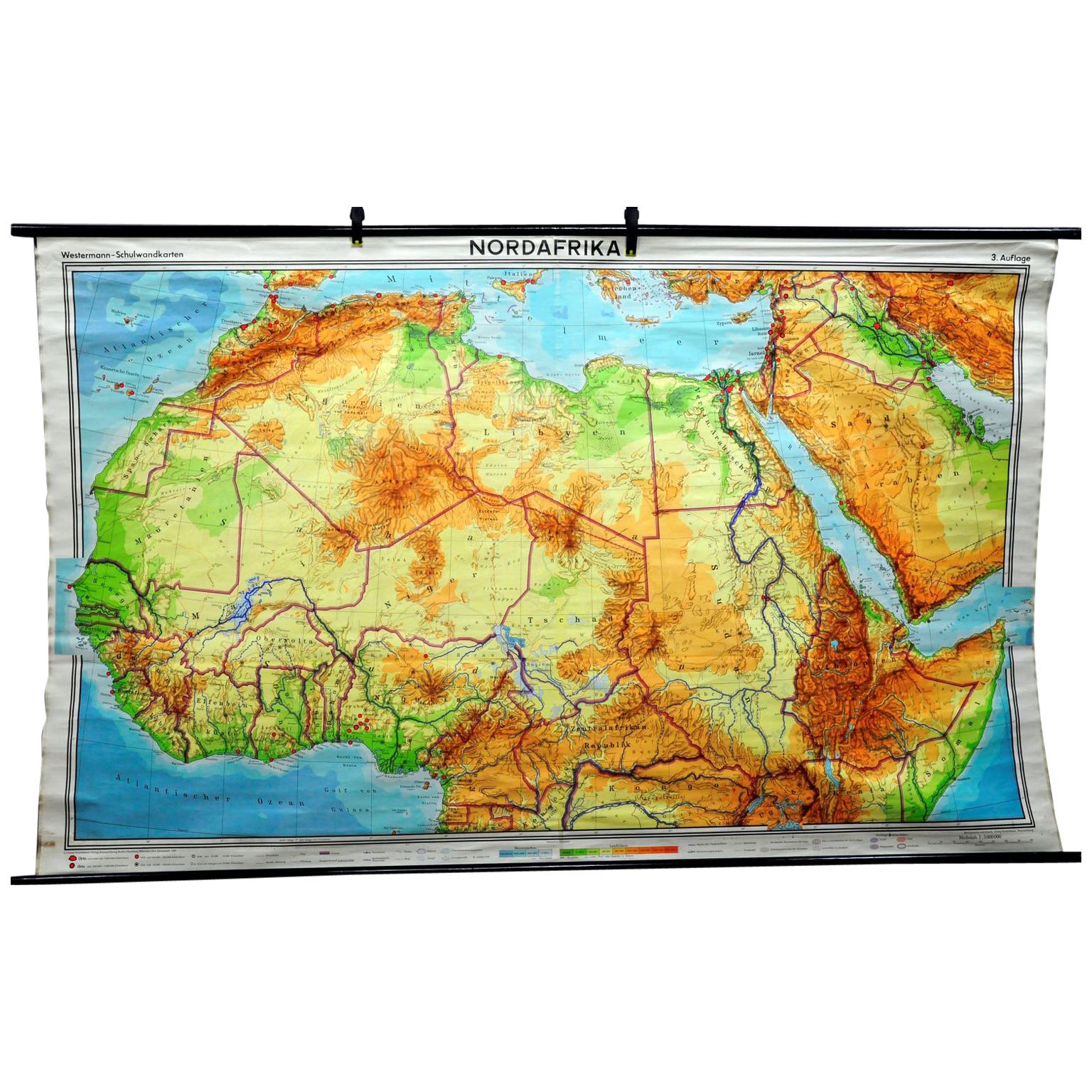 Vintage Mural Map of North Africa Countrycore African Wall Chart Decoration For Sale