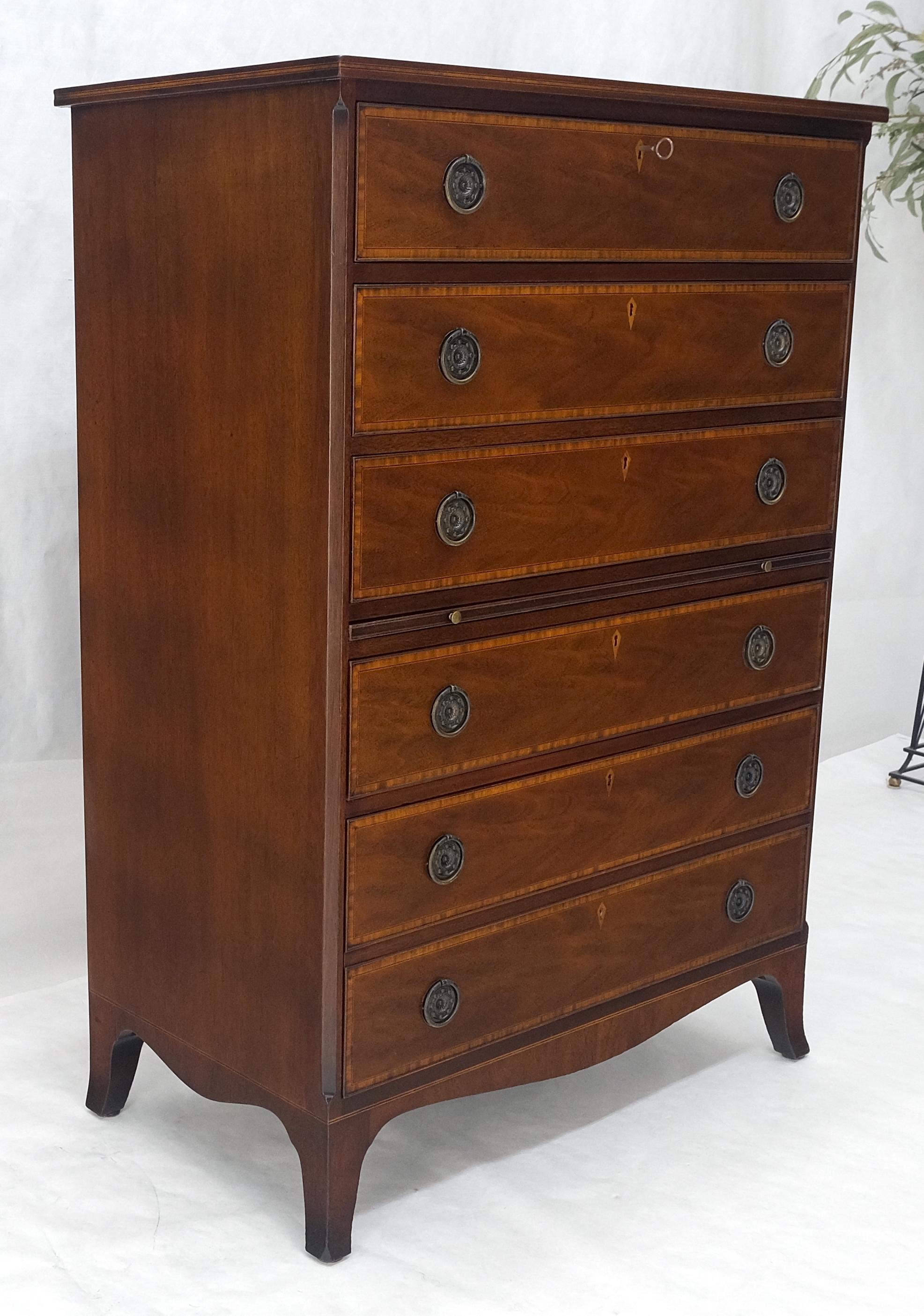 Pull Out Tray Desk Table 6 Inlayed Drawers Federal Style High Chest Dresser MINT For Sale 7