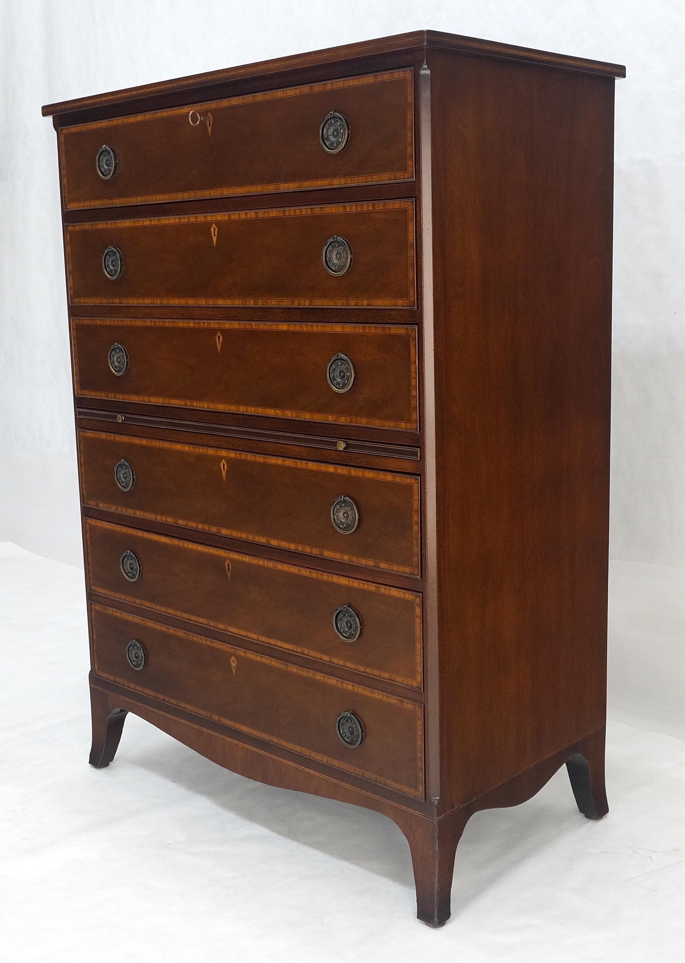 Pull Out Tray Desk Table 6 Inlayed Drawers Federal Style High Chest Dresser MINT For Sale 9