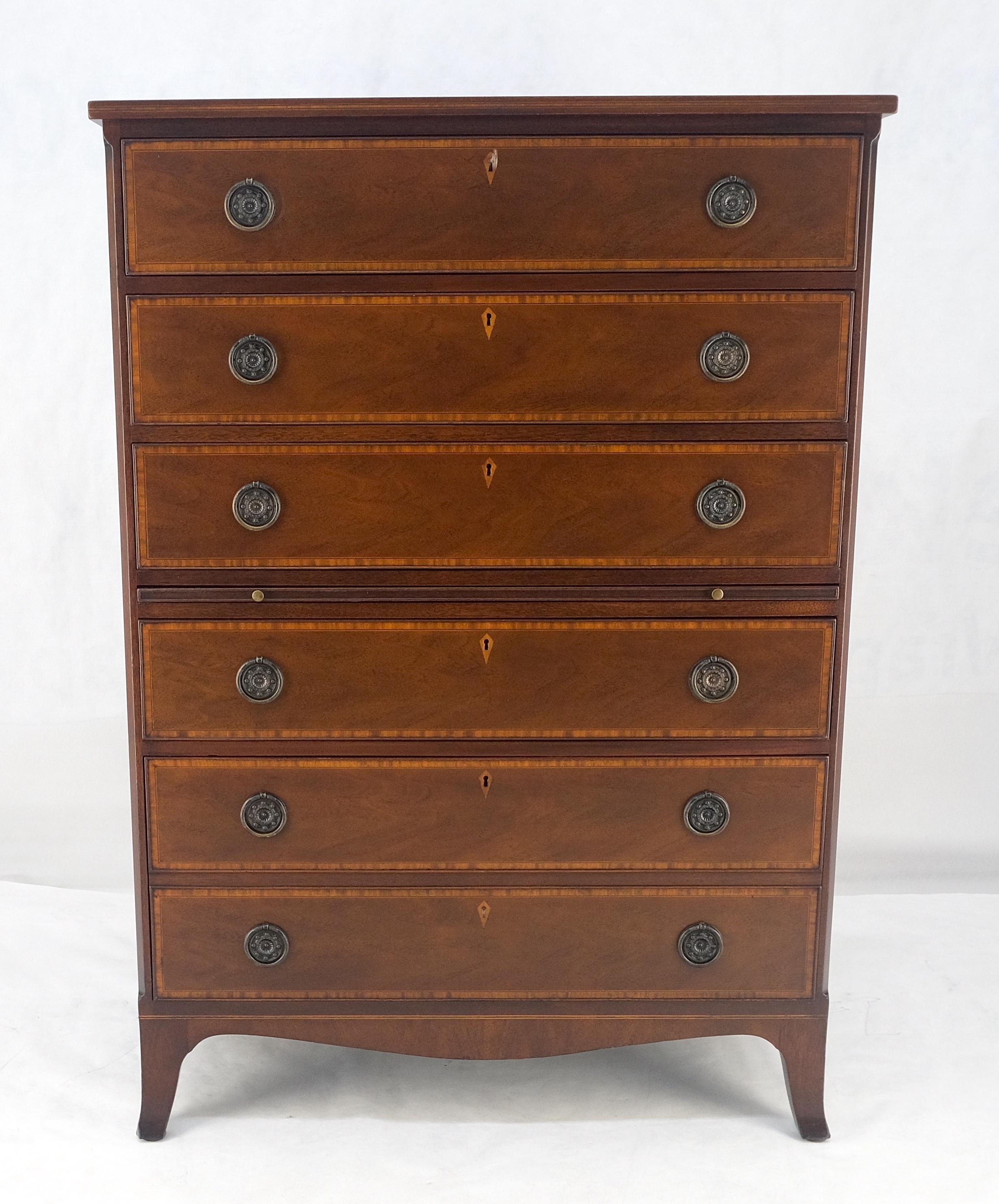 Pull Out Tray Desk Table 6 Inlayed Drawers Federal Style High Chest Dresser MINT For Sale 11