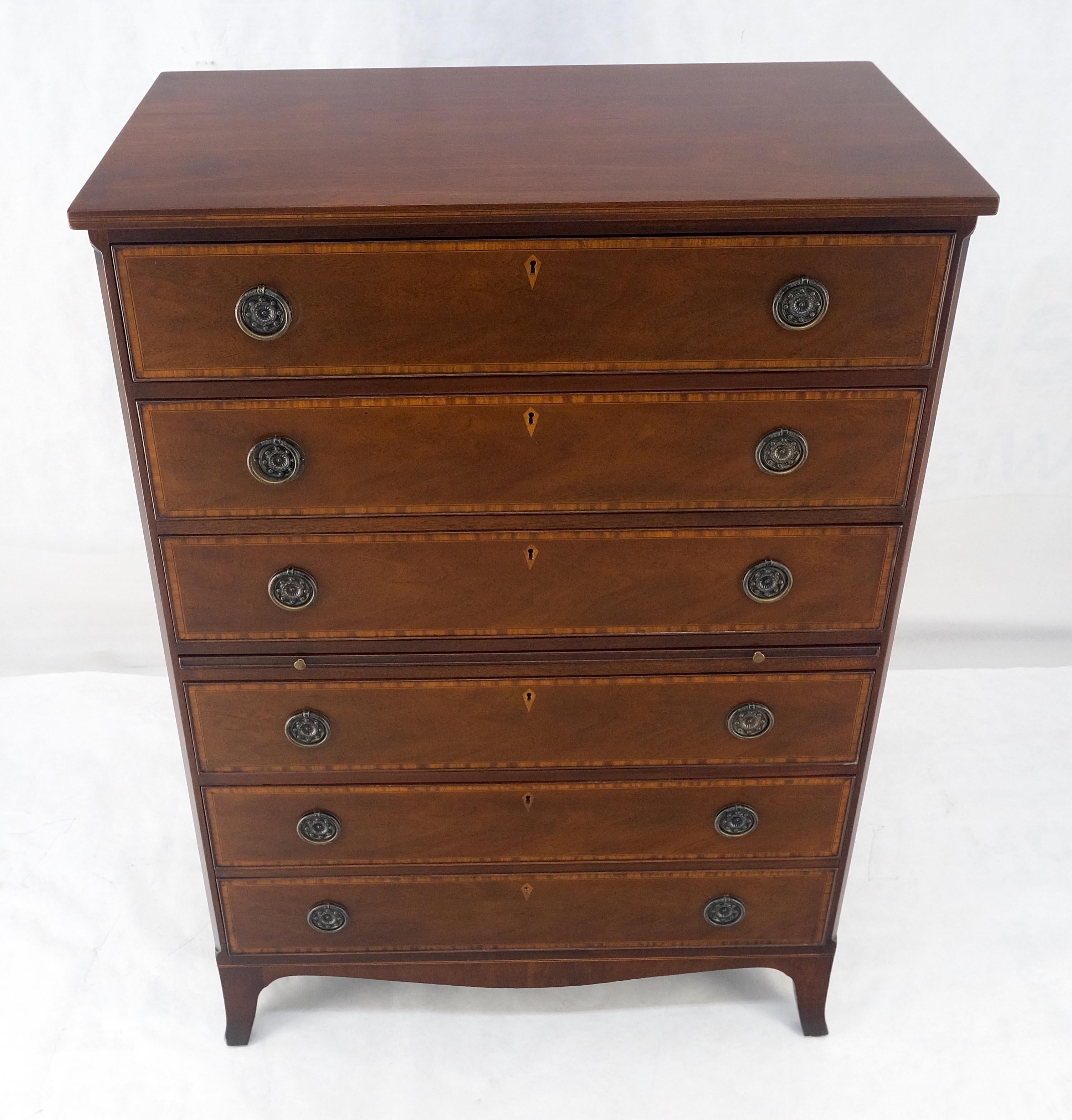 Pull Out Tray Desk Table 6 Inlayed Drawers Federal Style High Chest Dresser MINT In Good Condition For Sale In Rockaway, NJ