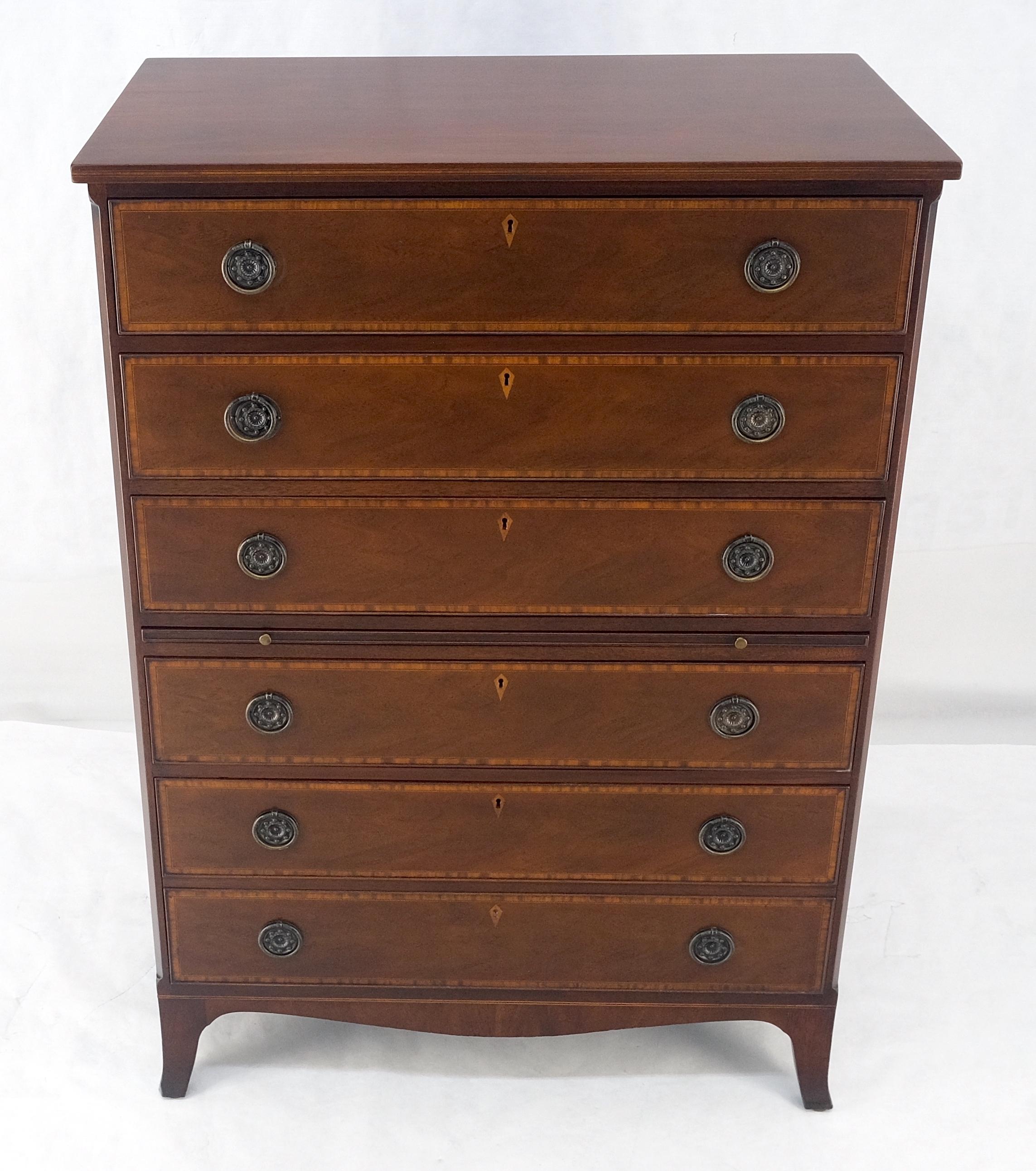 20th Century Pull Out Tray Desk Table 6 Inlayed Drawers Federal Style High Chest Dresser MINT For Sale