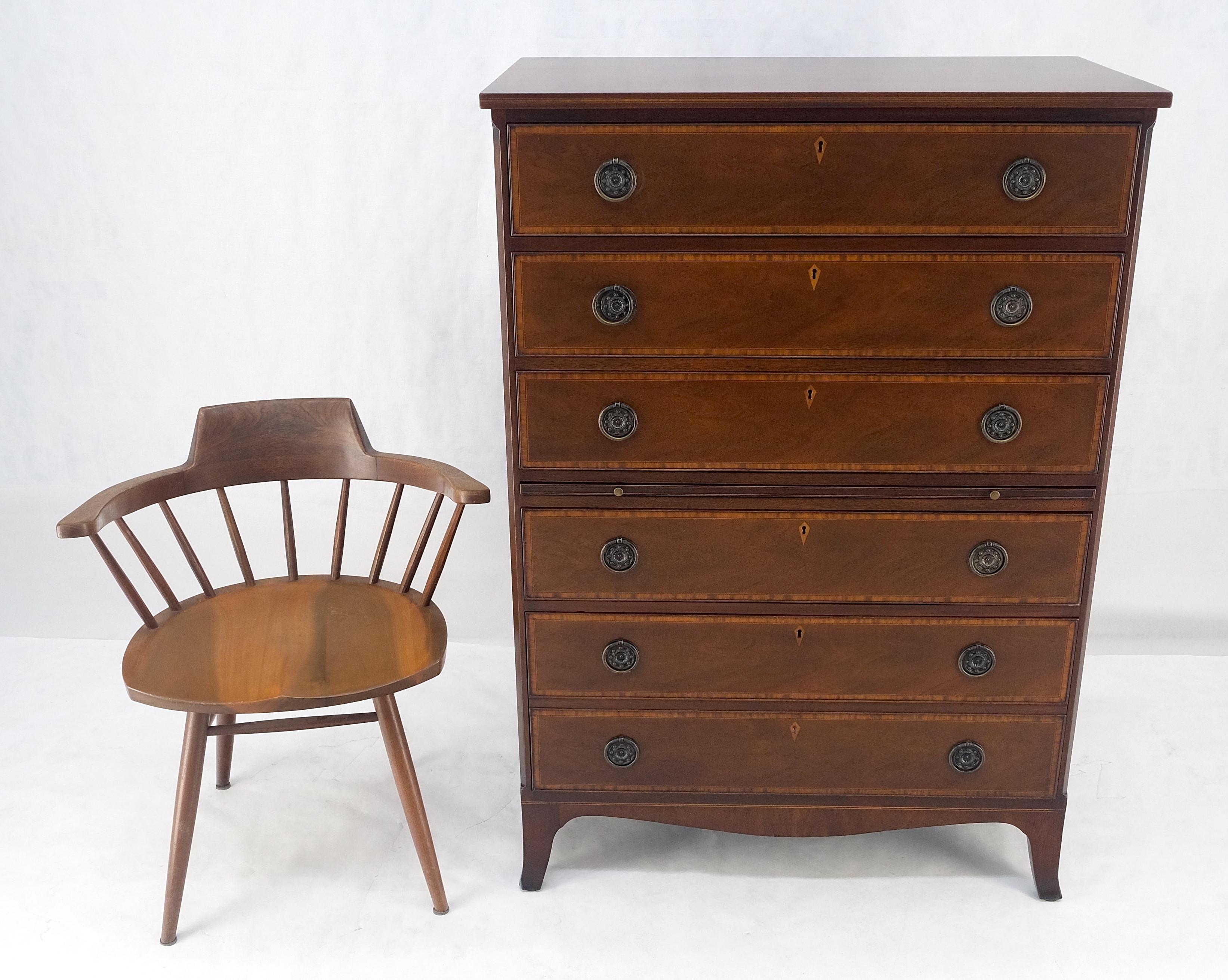 Mahogany Pull Out Tray Desk Table 6 Inlayed Drawers Federal Style High Chest Dresser MINT For Sale