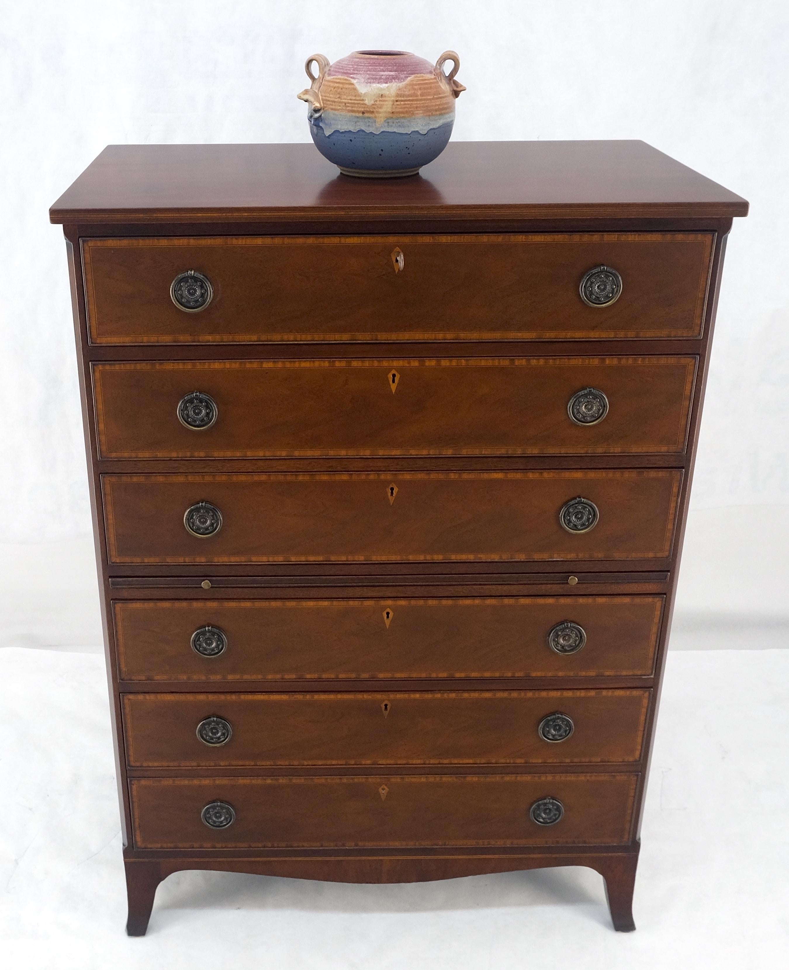 Pull Out Tray Desk Table 6 Inlayed Drawers Federal Style High Chest Dresser MINT For Sale 3
