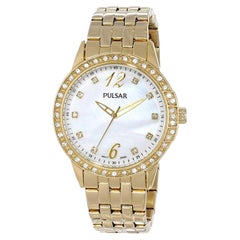 Pulsar Gold-Tone Steel Crystal Bezel MOP Dial Quart Ladies Watch PH8052