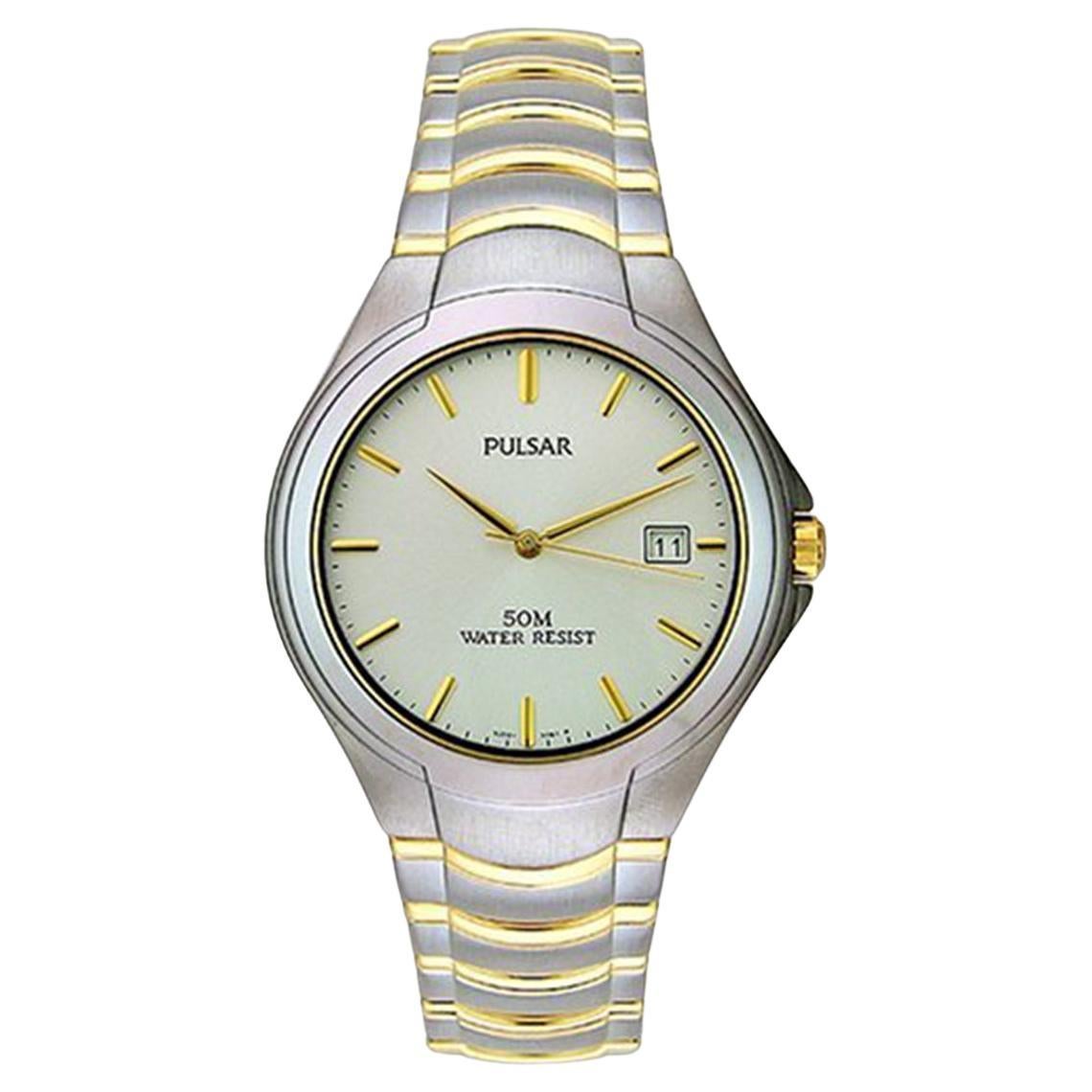 This display model Pulsar PG8069X is a beautiful men's timepiece that is powered by a Japanese quartz movement that features a stainless steel case. It has a round shape face, a date indicator dial, and has hand-sticks style markers. It is completed