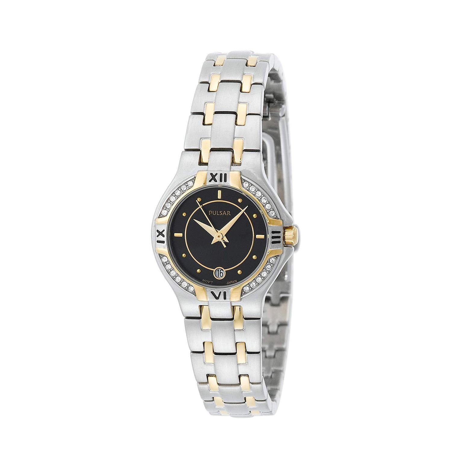 This display model Pulsar Crystals PXT606 is a beautiful Ladie's timepiece that is powered by quartz (battery) movement which is cased in a stainless steel case. It has a round shape face, date indicator dial and has hand sticks & dots style