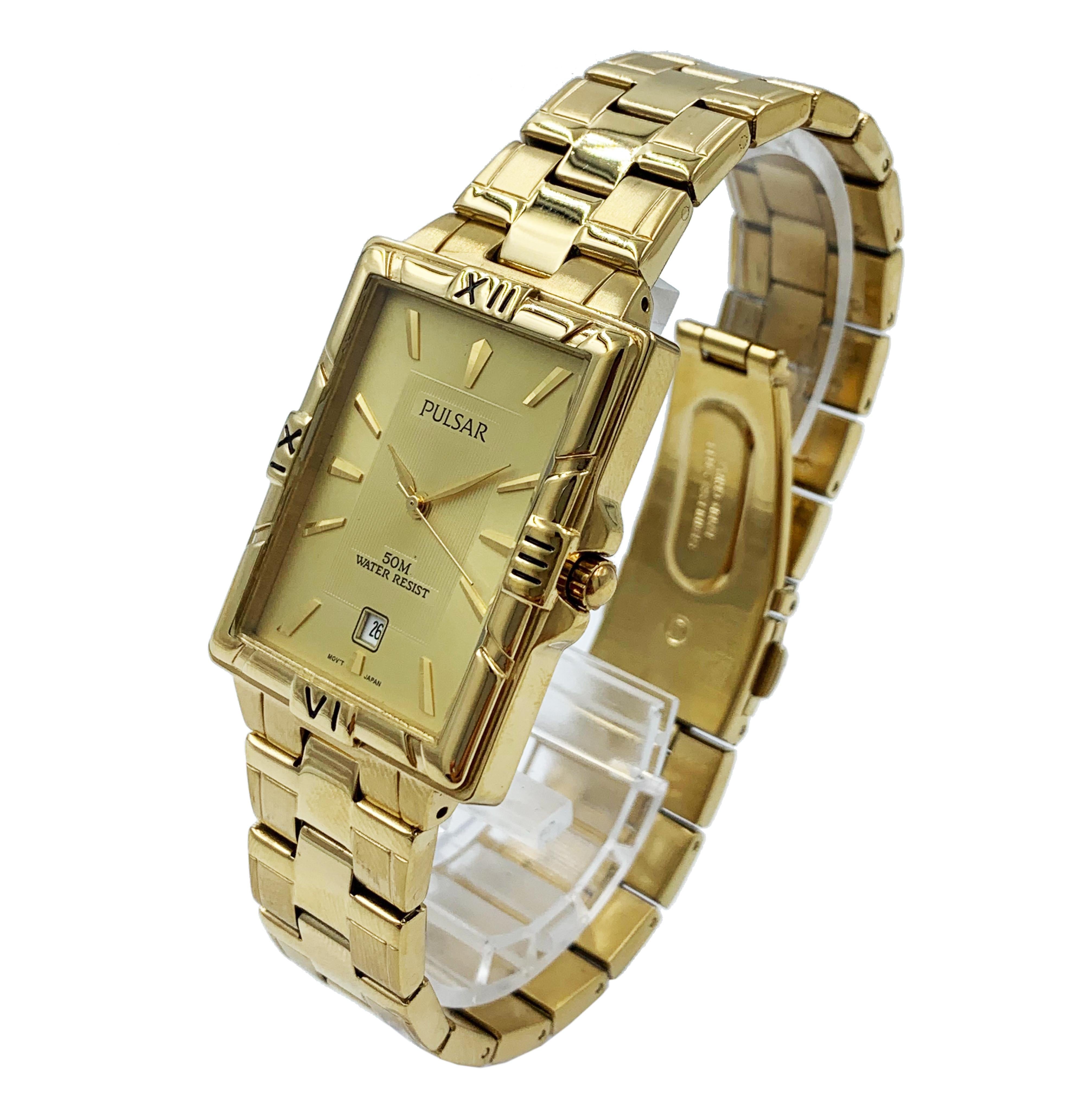 Pre-owned Pulsar Date Gold-Tone Stainless Steel Champagne Dial Mens Quartz Watch PX4690. Micro Starches and Blemishes on the Case, Bezel, and Bracelet From Handling. This Beautiful Timepiece is Powered By a Quartz (Battery) Movement and Features: