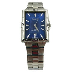 Used Pulsar Dress Date Blue Rectangle Dial Steel Quartz Mens Watch PXH689